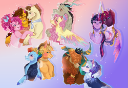 Size: 1457x1000 | Tagged: safe, artist:bunnari, derpibooru import, applejack, cheese sandwich, discord, donut joe, fluttershy, pinkie pie, prince rutherford, rainbow dash, rarity, tempest shadow, twilight sparkle, twilight sparkle (alicorn), alicorn, earth pony, pegasus, pony, unicorn, appledash, bisexual, cheesepie, cheesepiejoe, colored wings, discoshy, female, gay, hug, lesbian, love triangle, male, multicolored wings, ot3, pinkiejoe, polyamory, rariford, shipping, straight, tempestlight, winghug, wings