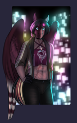 Size: 2323x3732 | Tagged: safe, artist:blackblood-queen, derpibooru import, oc, oc only, oc:daniel dasher, anthro, dracony, dragon, hybrid, pegasus, pony, abs, anthro oc, belly button, clothes, digital art, goggles, hands in pockets, male, pegasus oc, scar, solo, stallion, tanktop, wings