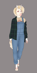 Size: 1638x3206 | Tagged: safe, artist:askbubblelee, derpibooru import, oc, oc only, oc:cross stitch, anthro, unguligrade anthro, unicorn, albino, clothes, curved horn, digital art, female, horn, mare, overalls, plaid, simple background, solo, unicorn oc