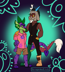 Size: 777x869 | Tagged: safe, artist:scrapeandlick, artist:spudsmcfrenzy, derpibooru import, discord, spike, anthro, clothes, dispike, gay, hand on shoulder, hawaiian shirt, height difference, male, shipping, shirt, tongue out