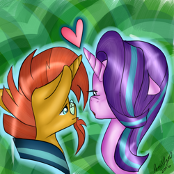 Size: 600x600 | Tagged: safe, artist:petalpawpaint, derpibooru import, starlight glimmer, sunburst, unicorn, abstract background, bust, female, heart, kissy face, looking at each other, male, shipping, signature, starburst, straight