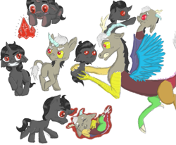 Size: 597x491 | Tagged: safe, artist:poisonyew, derpibooru import, discord, king sombra, draconequus, unicorn, colt, colt sombra, crystal, levitation, magic, male, pony discord, simple background, sleeping, telekinesis, white background, younger