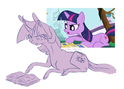 Size: 1400x1000 | Tagged: safe, artist:lakanakana, derpibooru import, screencap, twilight sparkle, unicorn twilight, pony, unicorn, friendship is magic, book, female, lying down, mare, prone, scene interpretation, screencap reference, simple background, solo, white background