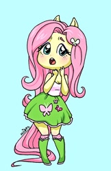 Size: 1094x1691 | Tagged: safe, artist:ameliacostanza, derpibooru import, fluttershy, equestria girls, blue background, blushing, breasts, chibi, cleavage, cute, female, open mouth, ponied up, shyabetes, simple background, solo