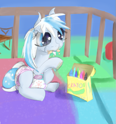 Size: 471x504 | Tagged: safe, artist::snowfrost, derpibooru import, oc, oc only, oc:snow frost, earth pony, pony, baby, baby pony, ball, chair, chewing, crayon, crib, diaper, eating, female, filly, foal, poofy diaper, solo