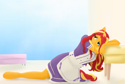 Size: 3840x2560 | Tagged: safe, artist:alicorn-without-horn, derpibooru import, sunset shimmer, anthro, unguligrade anthro, unicorn, alternate hairstyle, chair, clothes, female, leaning, maid, room, sky, solo