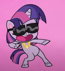 Size: 405x443 | Tagged: safe, derpibooru import, screencap, twilight sparkle, twilight sparkle (alicorn), alicorn, pony, my little pony: pony life, sportacular spectacular musical musak-ular, spoiler:pony life s01e46, bipedal, cropped, dancing, female, jewelry, necklace, open mouth, pose, solo, sunglasses, we shine brighter together
