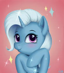 Size: 4133x4724 | Tagged: safe, artist:lin feng, derpibooru import, trixie, pony, unicorn, a horse shoe-in, cute, diatrixes, female, red background, scene interpretation, simple background, solo