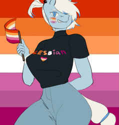 Size: 767x804 | Tagged: safe, artist:wild_kissel, derpibooru import, oc, oc only, oc:freezing blizzard, anthro, pegasus, braided tail, clothes, ear piercing, female, lesbian pride flag, looking at you, mare, piercing, pride, pride flag, simple background, solo