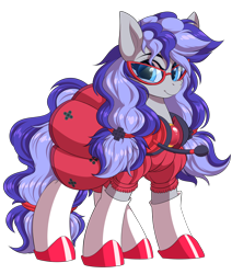 Size: 5290x6251 | Tagged: safe, artist:ask-colorsound, derpibooru import, oc, oc only, oc:cinnabyte, earth pony, pony, adorkable, clothes, cute, dork, dress, female, gaming headset, glasses, headphones, headset, mare, simple background, smiling, socks, solo, transparent background