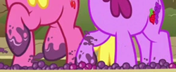 Size: 1448x599 | Tagged: safe, derpibooru import, screencap, berry punch, berryshine, cherry berry, earth pony, pony, on your marks, background pony, cropped, duo, female, food, grape stomping, grapes, hooves, legs, mare, pictures of legs, stomping