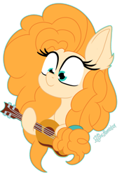 Size: 1400x2016 | Tagged: safe, artist:puperhamster, derpibooru import, pear butter, earth pony, pony, bust, ear fluff, female, guitar, mare, musical instrument, simple background, solo, transparent background