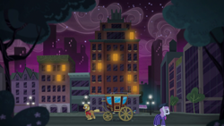 Size: 1920x1080 | Tagged: safe, derpibooru import, screencap, b. sharp, pegasus olsen, viola (character), earth pony, pony, made in manehattan, apartment complex, background pony, bronclyn, building, carriage, city, coach, coco's apartment building, female, lights, male, manehattan, mare, night, peggy holstein, stallion, unnamed character, unnamed pony