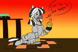 Size: 1800x1200 | Tagged: safe, artist:redahfuhrerking, derpibooru import, oc, zebra, them's fightin' herds, background character, bottle, community related, huoshan, solo, sultry pose