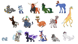 Size: 1920x1080 | Tagged: safe, artist:lindsay towns, artist:mane6, derpibooru import, oc, oc:turing test, bull, dragon, giraffe, hybrid, longma, moose, okapi, robot, sheep, squirrel, wolf, zebra, them's fightin' herds, background character, background characters, community related