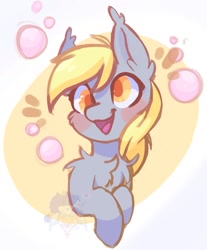 Size: 1095x1325 | Tagged: safe, artist:drawtheuniverse, derpibooru import, derpy hooves, pegasus, pony, blushing, bubble, bust, cheek fluff, chest fluff, colored pupils, cute, derpabetes, ear fluff, female, mare, open mouth, smiling, solo