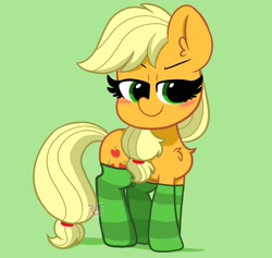 Size: 1900x1800 | Tagged: safe, artist:kittyrosie, derpibooru import, applejack, earth pony, pony, blushing, chest fluff, clothes, cute, ear fluff, female, green background, hatless, jackabetes, mare, missing accessory, simple background, socks, solo, striped socks