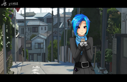 Size: 1397x900 | Tagged: safe, artist:sketchbookfim, artist:suketchib, derpibooru import, dj pon-3, vinyl scratch, human, city, coffee, female, humanized, mittens, scenery, solo