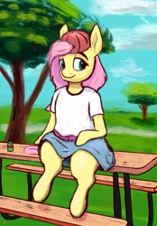 Size: 1335x1915 | Tagged: safe, artist:dummyhorse, derpibooru import, fluttershy, pegasus, pony, semi-anthro, 90s grunge fluttershy, backwards ballcap, baseball cap, belt, bench, cap, clothes, female, hat, human shoulders, looking at you, outdoors, park, shirt, sitting, skirt, smiling, soda can, solo, t-shirt, table, three quarter view, tree