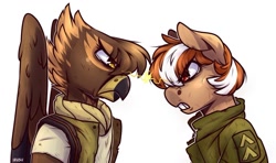 Size: 1163x687 | Tagged: safe, artist:lrusu, derpibooru import, oc, oc only, oc:gabriela hawkins, oc:roulette, earth pony, griffon, fallout equestria, angry, clothes, female, frown, gritted teeth, intense stare, jacket, looking at each other, mare, rivalry, scarf, wings