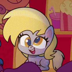 Size: 280x280 | Tagged: safe, derpibooru import, screencap, derpy hooves, earth pony, pony, my little pony: pony life, sportacular spectacular musical musak-ular, spoiler:pony life s01e46, animated, animation error, blinking, cropped, female, gif, mare, sitting, smiling, solo, we shine brighter together, wingless