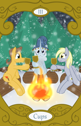 Size: 900x1400 | Tagged: safe, artist:sixes&sevens, derpibooru import, star swirl the bearded, oc, oc:propraetor cyclone, oc:torch wood, campfire, goblet, pine tree, tarot card, three of cups, tree