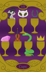 Size: 900x1400 | Tagged: safe, artist:sixes&sevens, derpibooru import, octavia melody, earth pony, pony, snake, cello, crown, gem, goblet, jewelry, laurel wreath, mask, musical instrument, regalia, seven of cups, tarot card