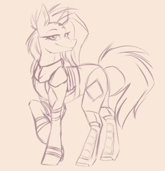 Size: 688x713 | Tagged: safe, artist:vidakadraws, derpibooru import, oc, oc only, oc:azure, earth pony, pony, armor, army, body armor, bodysuit, camouflage, clothes, corporation, digital, digital art, female, in progress, logo, looking at you, mare, raised hoof, security armor, security guard, side view, simple background, sketch, soldier, soldier pony, suit, transparent, transparent background