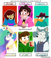 Size: 700x800 | Tagged: safe, artist:gio-drawnstuff, derpibooru import, princess celestia, alicorn, anthro, pony, wolf, anthro with ponies, arm behind head, beastars, bust, clothes, crossover, cup, eddsworld, eyelashes, eyes closed, female, frisk, hat, jewelry, legosi (beastars), male, mare, necktie, perry the platypus, peytral, phineas and ferb, platypus, signature, six fanarts, smiling, steven universe, tiara, undertale