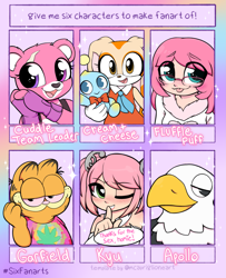 Size: 2433x3000 | Tagged: safe, artist:moozua, derpibooru import, oc, oc:fluffle puff, anthro, bear, bird, cat, eagle, human, rabbit, :p, animal, animal crossing, apollo, blushing, bust, chao, cheese the chao, clothes, cream the rabbit, crossover, cuddle team leader, fairy, female, fingerless gloves, fortnite, garfield, glasses, gloves, heart eyes, high, humanized, kyu sugardust, male, one eye closed, open mouth, shhh, six fanarts, smiling, sonic the hedgehog (series), stoned, tongue out, waving, wingding eyes, wink