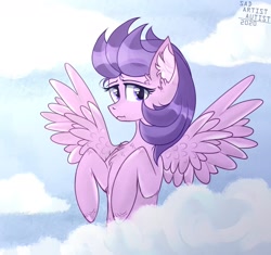 Size: 1700x1600 | Tagged: safe, artist:lichy_fantom, derpibooru import, clear skies, pegasus, pony, :s, chest fluff, cloud, ear fluff, female, looking at you, mare, sky, solo, spread wings, wavy mouth, wings