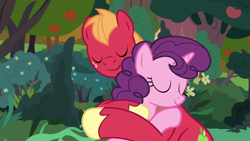 Size: 1920x1080 | Tagged: safe, derpibooru import, screencap, big macintosh, sugar belle, the big mac question, apple, apple tree, hug, tree