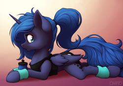 Size: 4000x2800 | Tagged: safe, artist:ohemo, derpibooru import, princess luna, alicorn, pony, alternate hairstyle, chest fluff, clothes, female, leg warmers, looking at you, lying down, mare, ponytail, prone, s1 luna, shirt, solo, water bottle