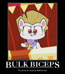 Size: 573x656 | Tagged: safe, derpibooru import, edit, edited screencap, screencap, bulk biceps, flutterdash (episode), my little pony: pony life, spoiler:pony life s01e42, demotivational poster, meme, microphone, motivational poster, solo