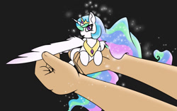Size: 1280x800 | Tagged: safe, artist:gryphon bbq, derpibooru import, princess celestia, alicorn, human, pony, black background, female, in goliath's palm, mare, micro, offscreen character, one wing out, ponified animal photo, simple background, solo focus, sparkles, spread wings, tiny, tiny ponies, wings