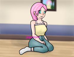 Size: 1958x1500 | Tagged: safe, artist:gunkye, derpibooru import, fluttershy, human, clothes, female, humanized, looking at you, sitting, smiling, socks, solo