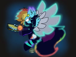 Size: 2048x1536 | Tagged: safe, artist:nordicgoat, derpibooru import, rainbow dash, pegasus, pony, amputee, artificial wings, augmented, clothes, cyberpunk, female, flying, futuristic, gun, looking back, mask, neon, prosthetic limb, prosthetic wing, prosthetics, solo, spread wings, weapon, wings