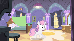 Size: 1280x720 | Tagged: safe, derpibooru import, screencap, sweetie belle, unicorn, for whom the sweetie belle toils, banner, bed, bedroom, blank flank, blanket, box, carousel boutique, curtains, dresser, female, lamp, light, lightbulb, mirror, picture frame, pillow, poster, rug, running, solo, stool, window, worried