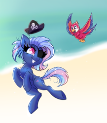 Size: 1280x1474 | Tagged: safe, artist:confetticakez, derpibooru import, oc, oc only, oc:bit rate, bird, earth pony, parrot, pony, eyepatch, hat, pirate hat, solo