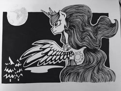 Size: 960x719 | Tagged: safe, artist:wourdeluck, derpibooru import, princess celestia, alicorn, pony, female, grayscale, mare, mare in the moon, monochrome, moon, night, solo, traditional art