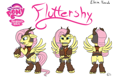 Size: 1388x900 | Tagged: safe, artist:clawshawt, derpibooru import, fluttershy, pegasus, pony, angry face, armor, barbarian, female, helmet, knife, mare, mouth hold, rearing, reference sheet, simple background, spread wings, tail wrap, white background, wings