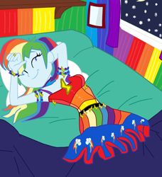 Size: 1626x1782 | Tagged: artist needed, source needed, safe, derpibooru import, rainbow dash, equestria girls, 1000 hours in ms paint, arm behind head, armpits, base used, bed, bedroom, bedsheets, bedside stand, blanket, breasts, clothes, female, jewelry, night, rainboob dash, skirt, sleeping, solo