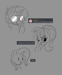 Size: 790x962 | Tagged: safe, artist:ryuyo, derpibooru import, starlight glimmer, sunburst, trixie, pony, unicorn, glowing horn, horn, monochrome