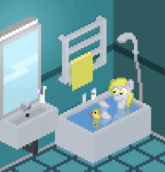 Size: 768x800 | Tagged: safe, artist:silent pone, derpibooru exclusive, derpibooru import, derpy hooves, pegasus, pony, animated, bath, bathroom, female, gif, isometric, mare, mirror, pixel art, playing, reflection, rubber duck, shower head, solo, toothbrush, towel, water