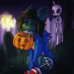 Size: 1200x1200 | Tagged: safe, artist:lulek4aiok, derpibooru import, earth pony, pony, undead, zombie, zombie pony, bone, bring me the horizon, candy, clothes, commission, costume, decoration, eyes closed, fangs, fence, food, glasgow smile, grass, gravestone, halloween, halloween costume, happy, holiday, hoodie, jack-o-lantern, male, mouth hold, night, night sky, oliver sykes, outdoors, ponified, pumpkin, scar, signature, sitting, skeleton, sky, smiling, sonic the hedgehog, sonic the hedgehog (series), stallion, stars, stitches, tattoo, torn ear, tree, ych result