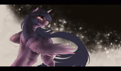 Size: 2200x1300 | Tagged: safe, artist:ventious, derpibooru import, twilight sparkle, alicorn, pony, abstract background, dutch angle, female, flowing tail, horn, looking sideways, solo, spread wings, tail, wings, wip