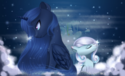 Size: 2800x1700 | Tagged: safe, artist:selena9966, derpibooru import, princess luna, oc, oc:snowdrop, alicorn, pony, snow, snowflake