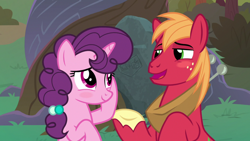 Size: 1920x1080 | Tagged: safe, derpibooru import, screencap, big macintosh, sugar belle, the big mac question, apple, apple tree, blushing, intertwined trees, pear tree, rock, tree