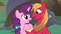 Size: 1920x1080 | Tagged: safe, derpibooru import, screencap, big macintosh, sugar belle, the big mac question, apple, apple tree, holding hooves, hoof touching, intertwined trees, looking at each other, open mouth, pear tree, rock, tree