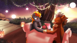 Size: 3840x2160 | Tagged: safe, artist:sugar morning, derpibooru import, oc, oc only, oc:digidash, oc:grimvale, griffon, pegasus, pony, anniversary, cake, date, food, gay, griffon oc, love, male, pegasus oc, restaurant, romantic, sunset, tree, wings